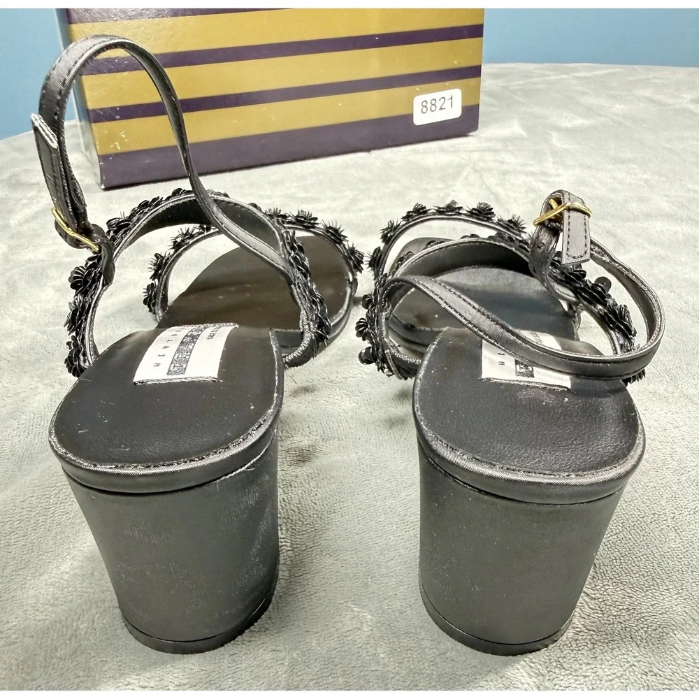 Transit New York Womens 7M Black Sequin Floral Sandals Block Heel